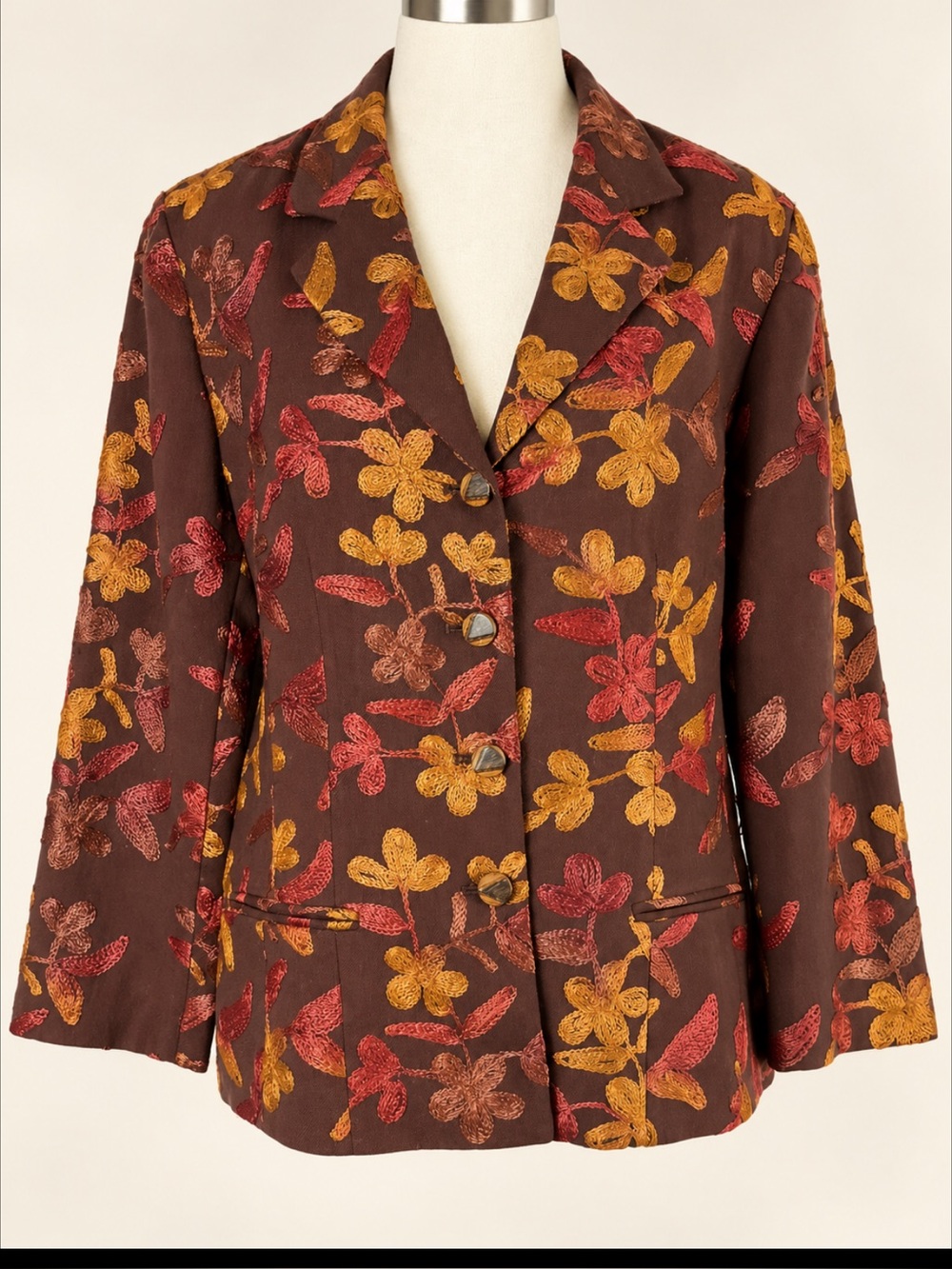 Vintage 90s Noviello-Bloom Embroidered Floral Brown Blazer Jacket Sz 12 USA
